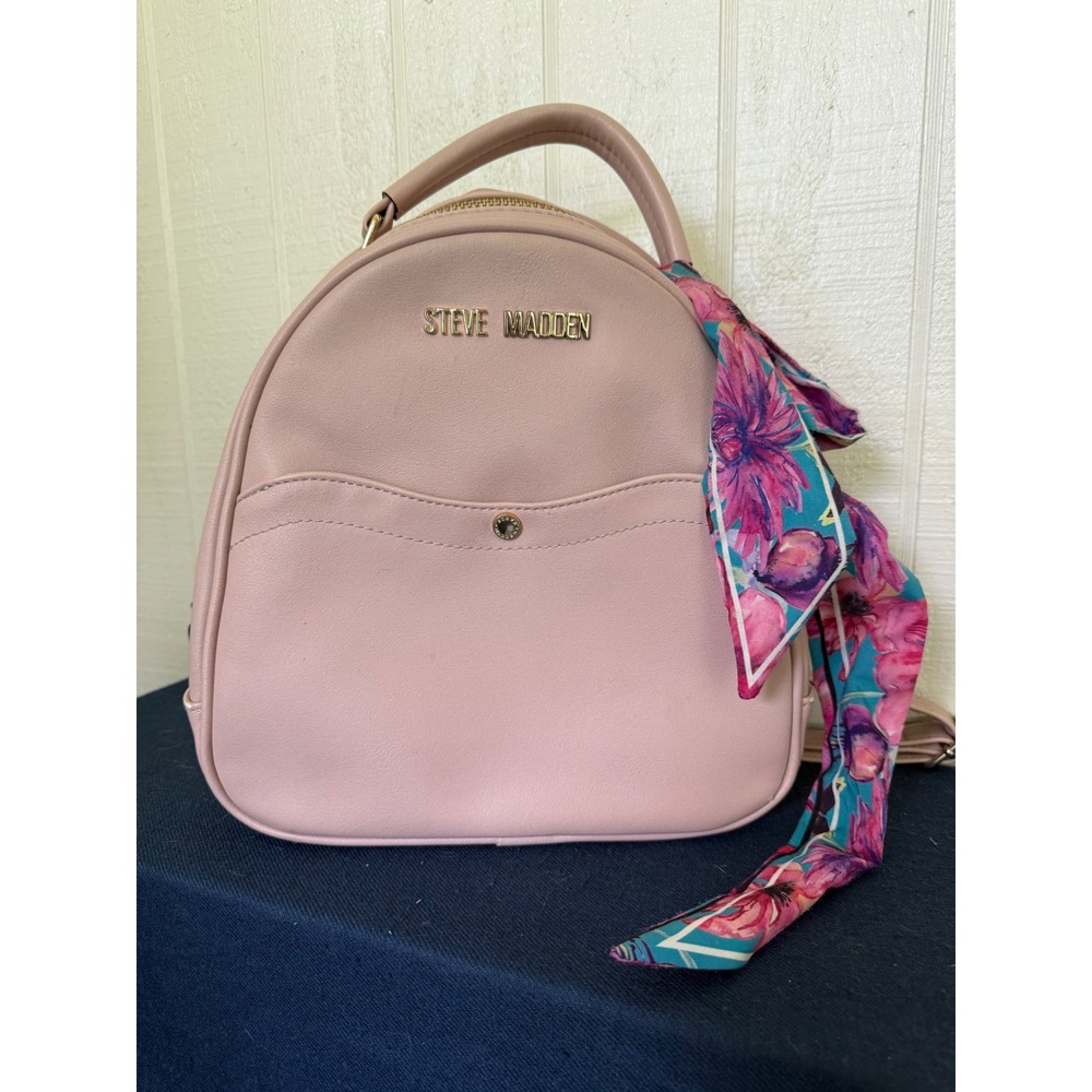 Steve Madden Blush Pink Faux Leather Mini Backpack Floral Scarf Accent Gold Tone